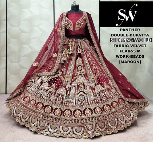 Maroon peacock Velvet Double Dupatta Bridal Lehenga