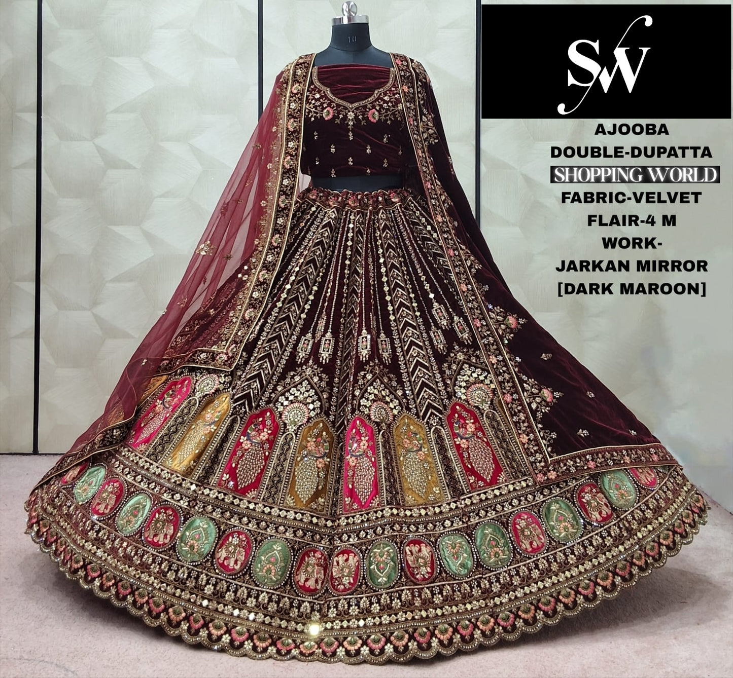 Dark Maroon Velvet Double Dupatta Bridal Lehenga