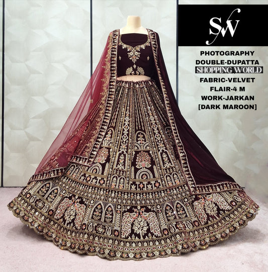 Dark Maroon Peacock Velvet Double Dupatta Bridal Lehenga