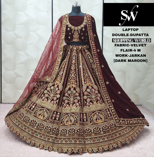 Dark Maroon Peacock Velvet Double Dupatta Bridal Lehenga