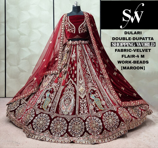 Maroon Peacock Velvet Double Dupatta Bridal Lehenga