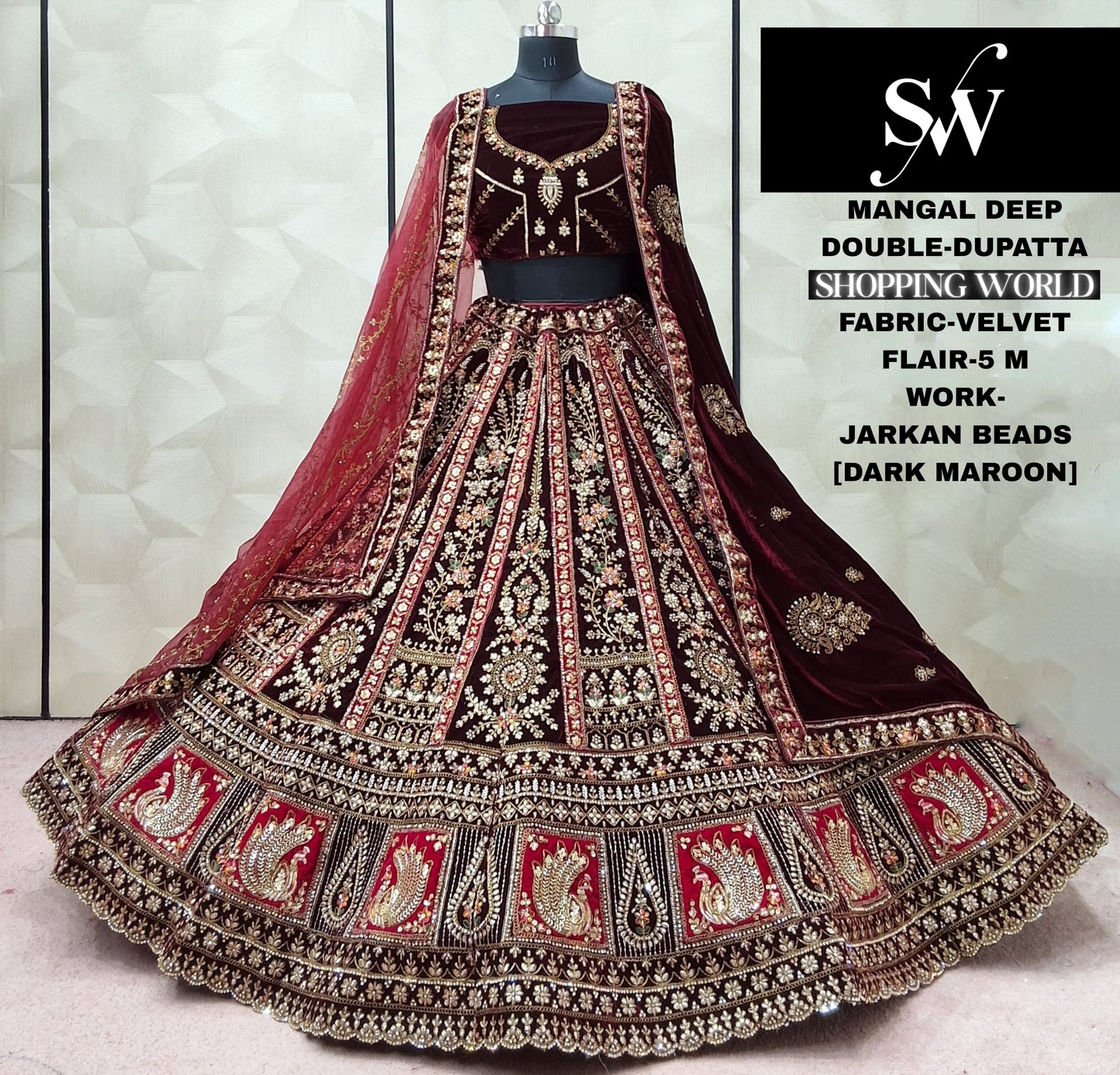 Dark Maroon Velvet Double Dupatta Bridal Lehenga