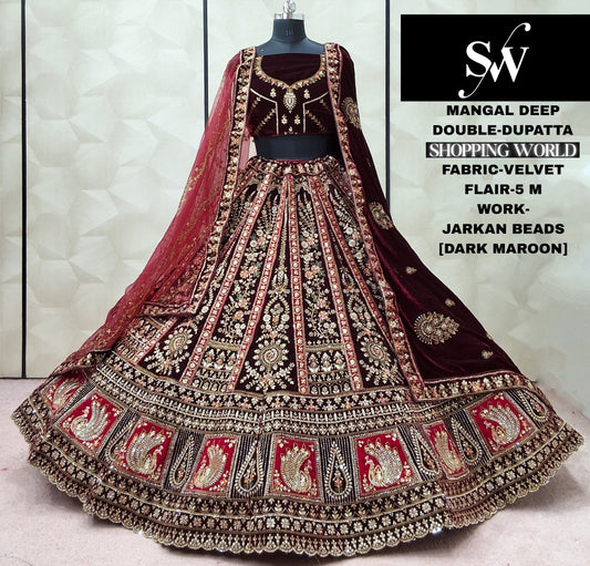 Dark Maroon Velvet Double Dupatta Bridal Lehenga