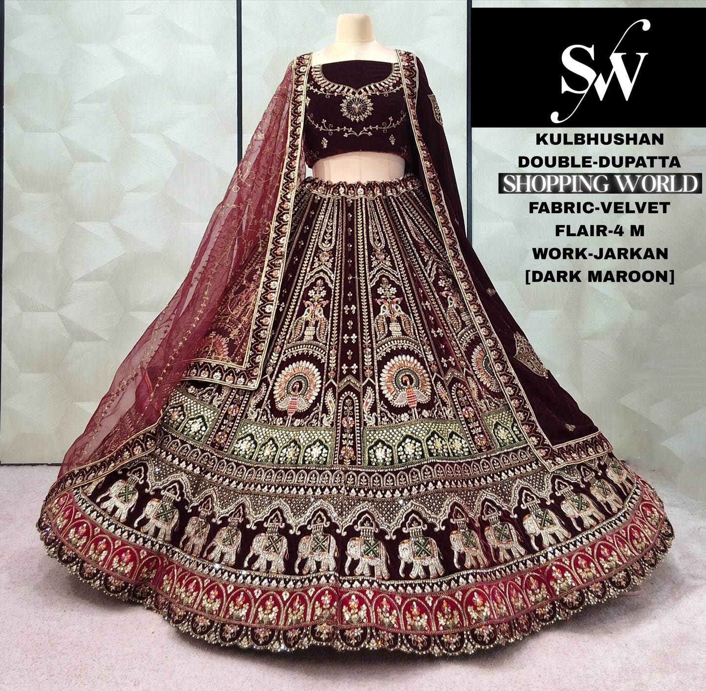 Maroon Velvet peacock Double Dupatta Bridal Lehenga