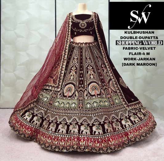 Dark Maroon Velvet peacock Double Dupatta Bridal Lehenga