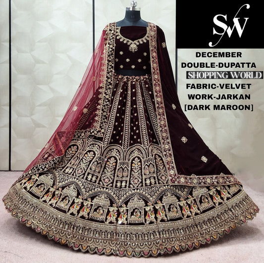 Dark Maroon Velvet Doli Barat Double Dupatta Bridal Lehenga