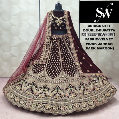 Maroon Peacock Velvet Double Dupatta Bridal Lehenga