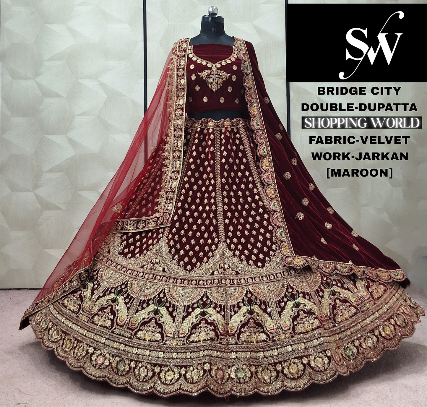Maroon Peacock Velvet Double Dupatta Bridal Lehenga