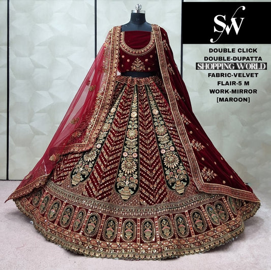Maroon Velvet Double Dupatta Bridal Lehenga