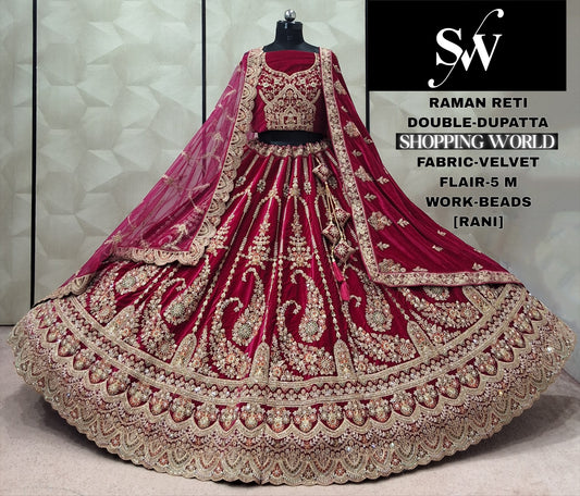 Rani pink Velvet Double Dupatta Bridal Lehenga