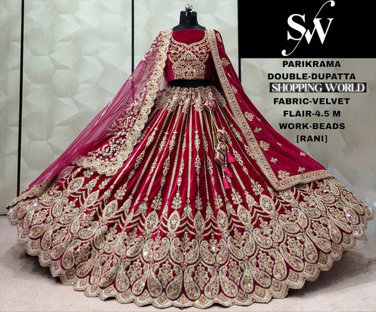 Rani pink Velvet Double Dupatta Bridal Lehenga