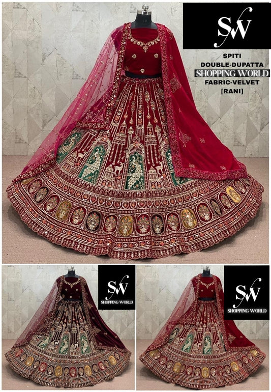 Rani pink Maroon Dark Maroon peacock Velvet Double Dupatta Bridal Lehenga
