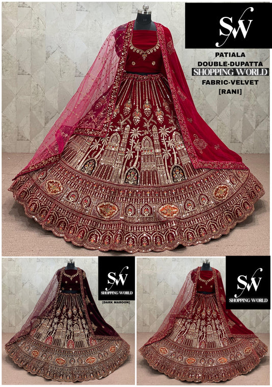 Maroon Rani pink Dark Maroon Velvet Double Dupatta Bridal Lehenga