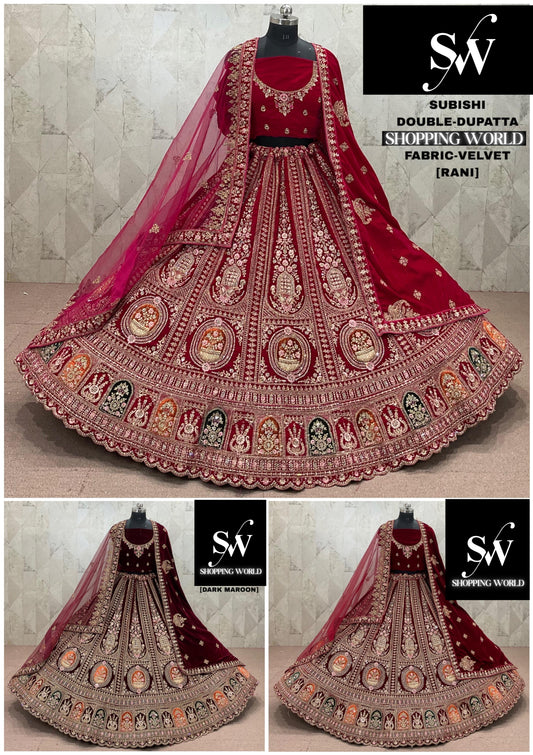 Maroon Rani pink Dark Maroon Velvet Double Dupatta Bridal Lehenga