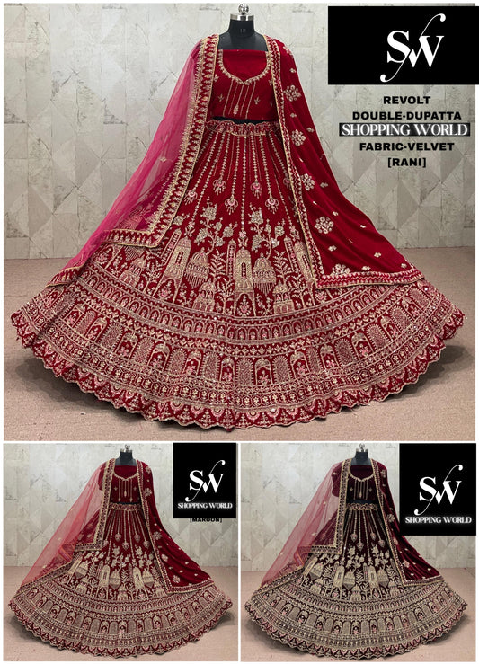 Maroon Rani pink Dark Maroon Velvet Double Dupatta Bridal Lehenga