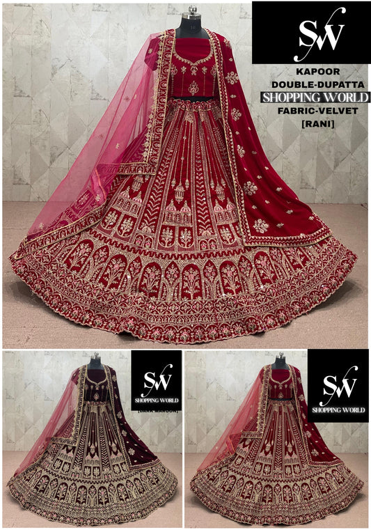 Maroon Rani pink Dark Maroon Velvet Double Dupatta Bridal Lehenga