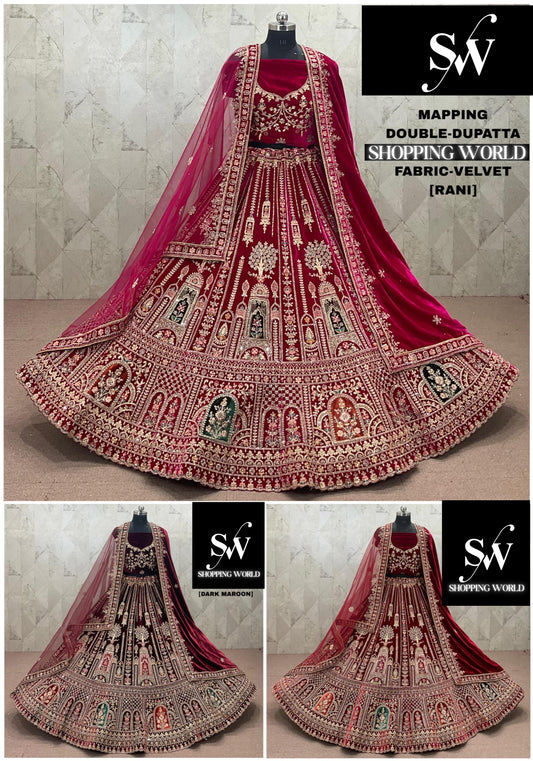 Maroon Rani pink Dark Maroon Velvet Double Dupatta Bridal Lehenga
