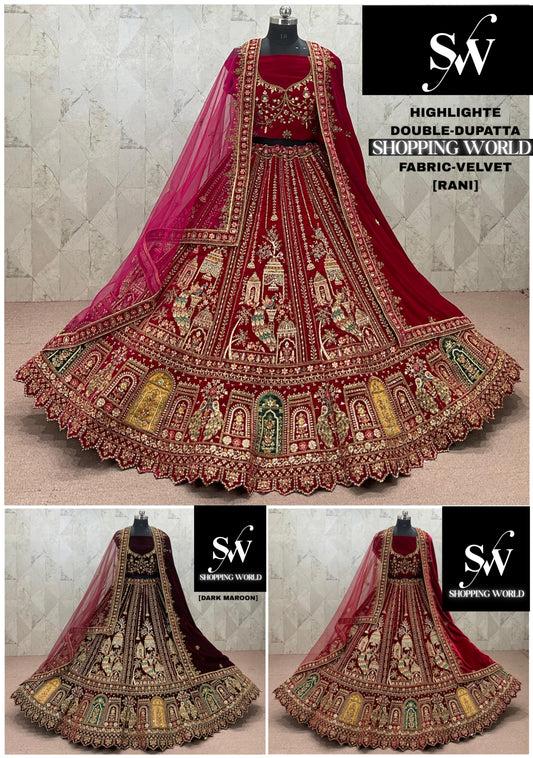 Maroon Rani pink Dark Maroon peacock Velvet Double Dupatta Bridal Lehenga
