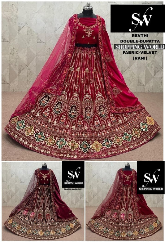 Maroon Rani pink Dark Maroon peacock Velvet Double Dupatta Bridal Lehenga