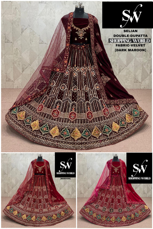 Maroon Rani pink Dark Maroon Velvet Double Dupatta Bridal Lehenga