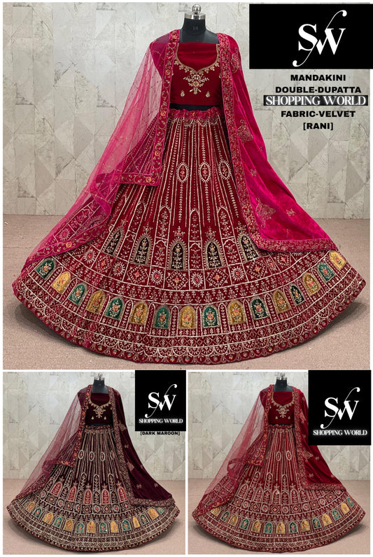 Maroon Rani pink Dark Maroon Velvet Double Dupatta Bridal Lehenga