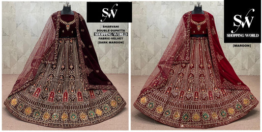 Maroon Dark Maroon Velvet Double Dupatta Bridal Lehenga