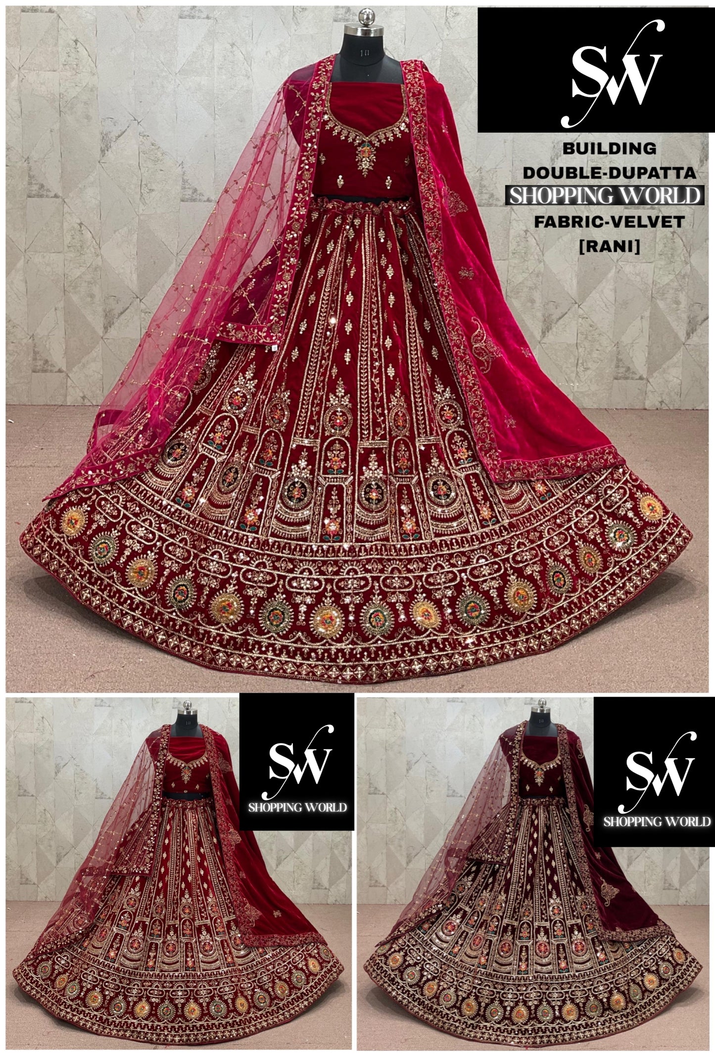 Maroon Dark Maroon Rani pink Velvet Double Dupatta Bridal Lehenga