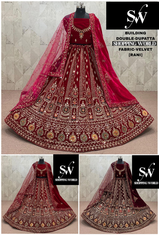 Maroon Dark Maroon Rani pink Velvet Double Dupatta Bridal Lehenga