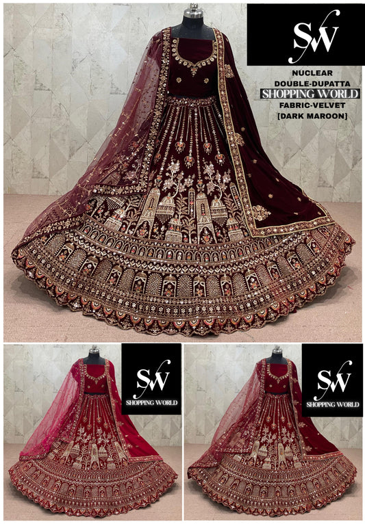 Maroon Dark Maroon Rani pink Velvet Double Dupatta Bridal Lehenga