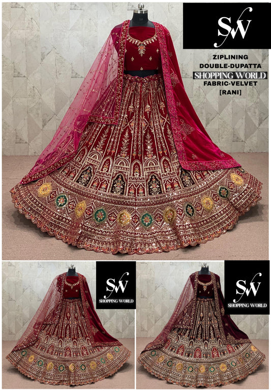Maroon Dark Maroon Rani pink Velvet Double Dupatta Bridal Lehenga
