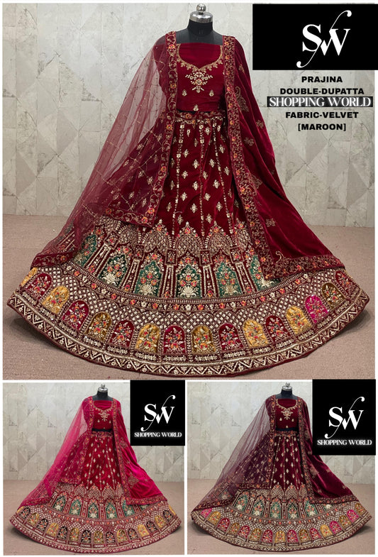 Maroon Dark Maroon Rani pink Velvet Double Dupatta Bridal Lehenga