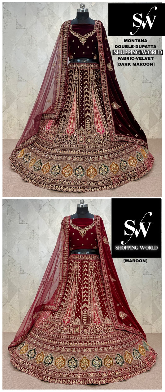 Maroon Dark Maroon Velvet Double Dupatta Bridal Lehenga