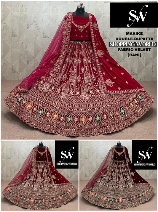 Maroon Dark Maroon Rani pink Velvet Double Dupatta Bridal Lehenga