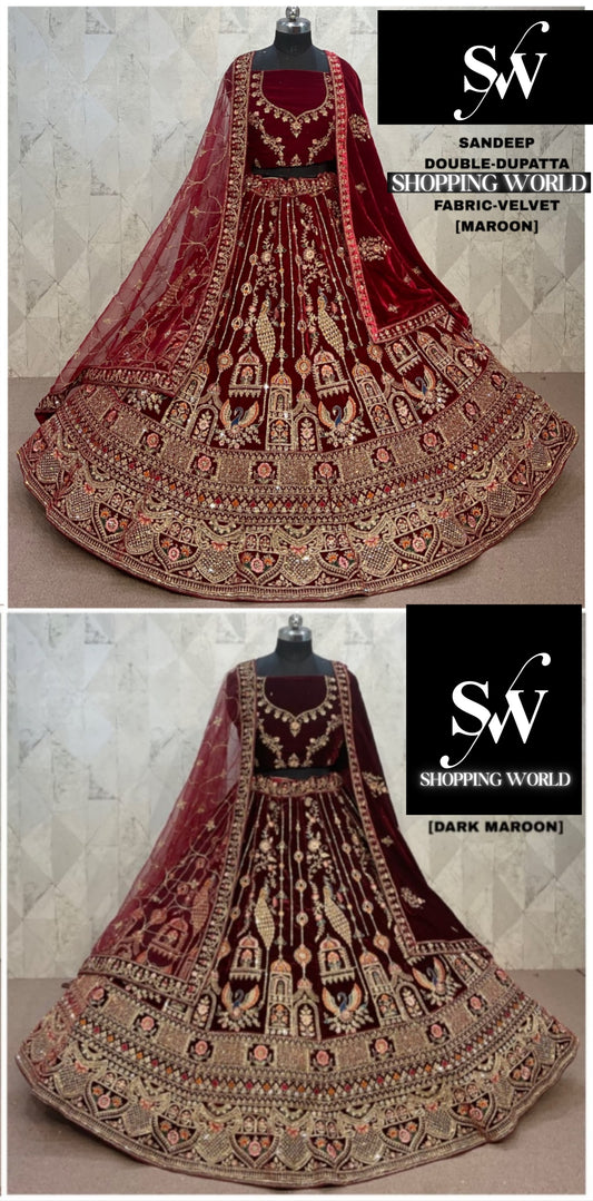 Maroon Dark Maroon Velvet Double Dupatta Bridal Lehenga