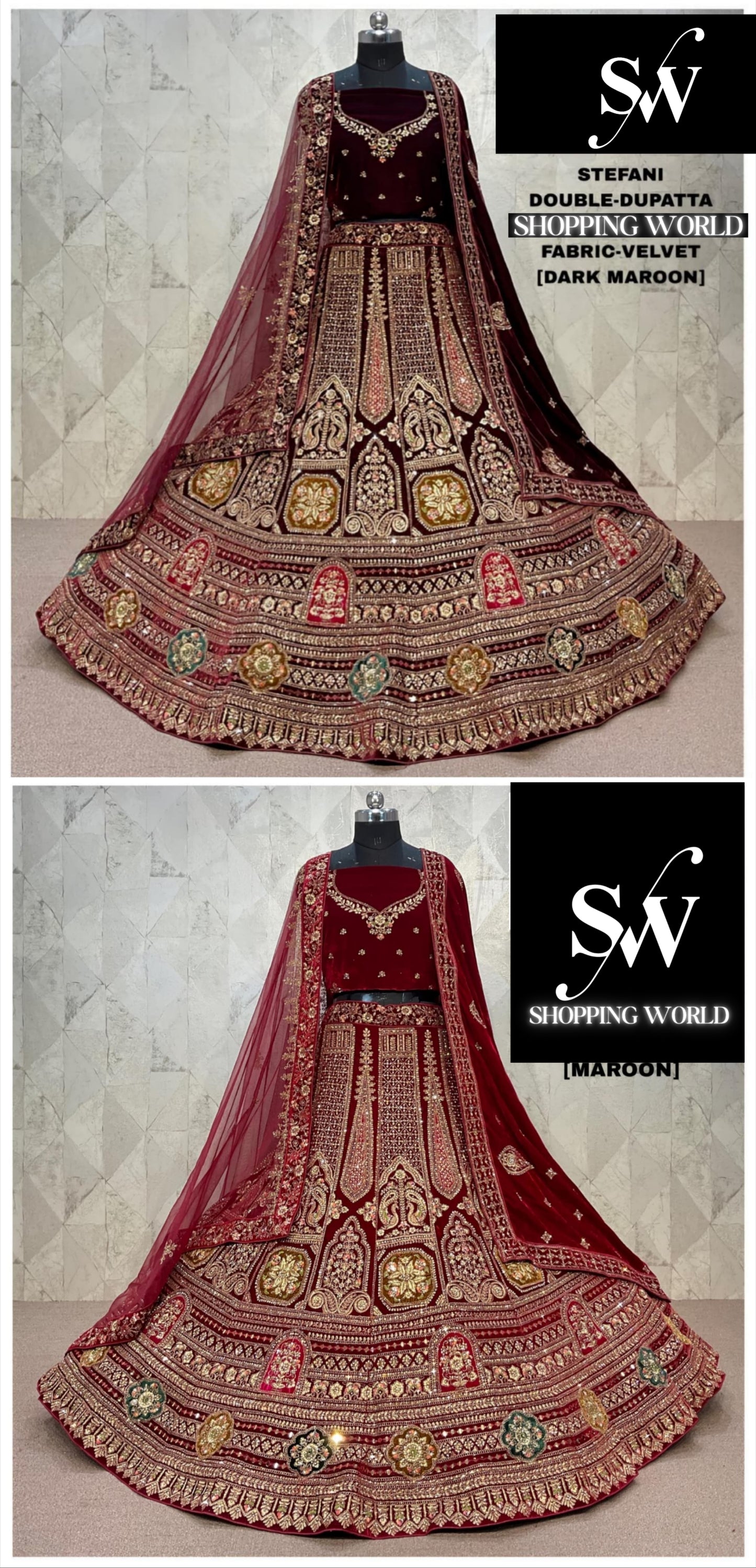 Maroon Dark Maroon Velvet Double Dupatta Bridal Lehenga