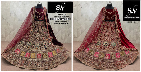 Maroon Dark Maroon Velvet Double Dupatta Bridal Lehenga