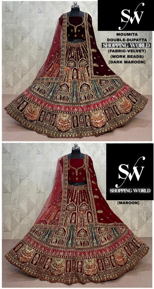 Maroon Dark Maroon Velvet Double Dupatta Bridal Lehenga