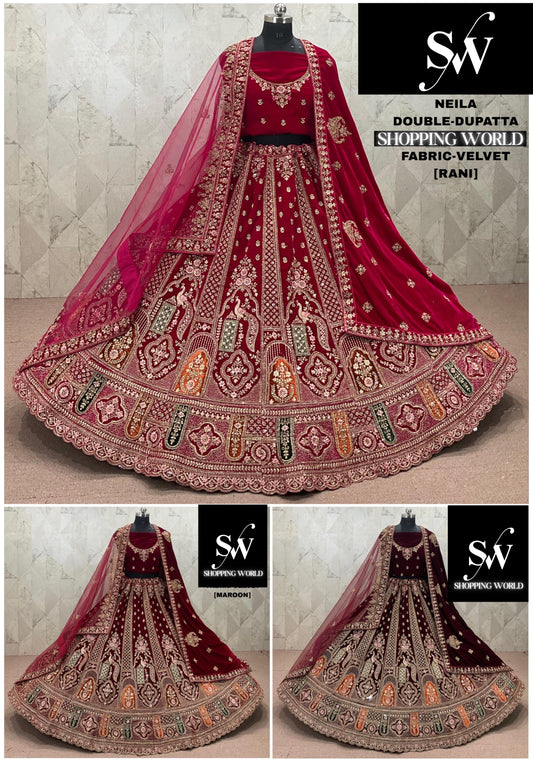 Rani pink Maroon Dark Maroon peacock Velvet Double Dupatta Bridal Lehenga
