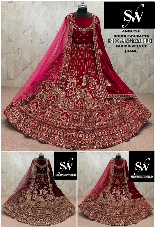 Rani pink Maroon Dark Maroon peacock Velvet Double Dupatta Bridal Lehenga