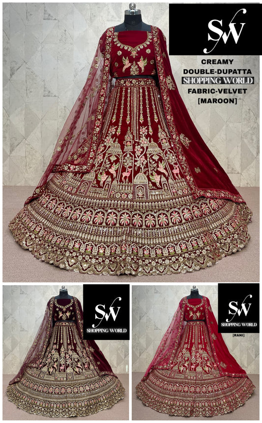 Rani pink Maroon Dark Maroon peacock Velvet Double Dupatta Bridal Lehenga