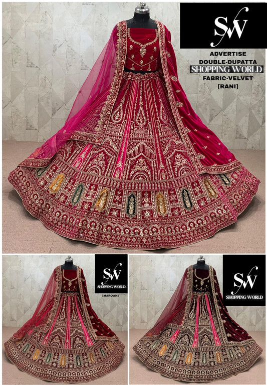 Rani pink Maroon Dark Maroon Velvet Double Dupatta Bridal Lehenga