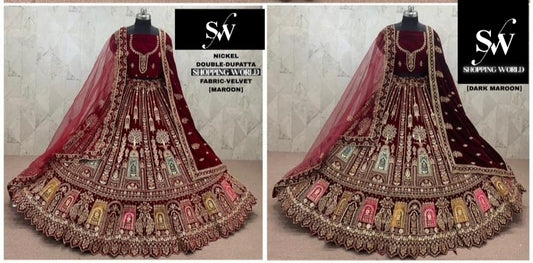 Maroon Dark Maroon Velvet Double Dupatta Bridal Lehenga