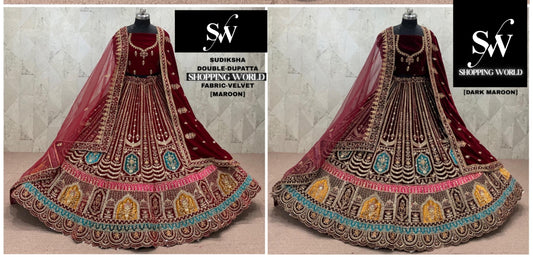 Maroon Dark Maroon Velvet Double Dupatta Bridal Lehenga