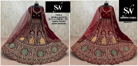 Maroon Dark Maroon Velvet Double Dupatta Bridal Lehenga