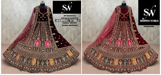 Maroon Dark Maroon Velvet Double Dupatta Bridal Lehenga