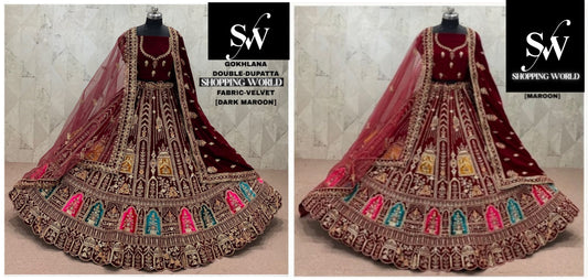 Maroon Dark Maroon Velvet Double Dupatta Bridal Lehenga