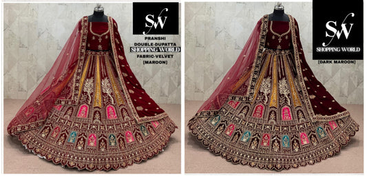 Maroon Dark Maroon Velvet Double Dupatta Bridal Lehenga