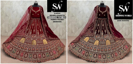 Maroon Dark Maroon Velvet Double Dupatta Bridal Lehenga
