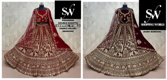 Maroon Dark Maroon Velvet Double Dupatta Bridal Lehenga