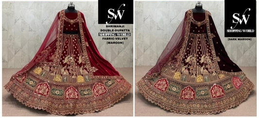 Maroon Dark Maroon Peacock Velvet Double Dupatta Bridal Lehenga